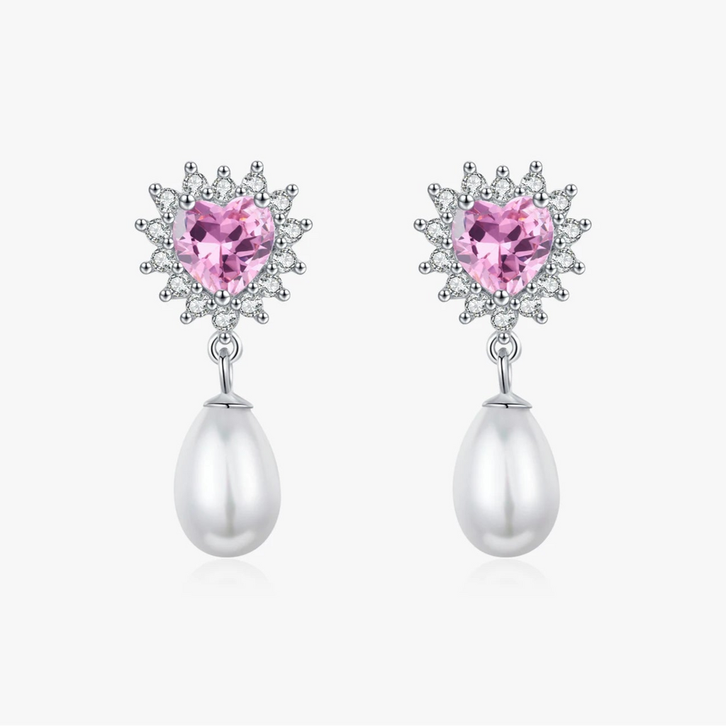 עגילי דרופ לב עם פנינה
